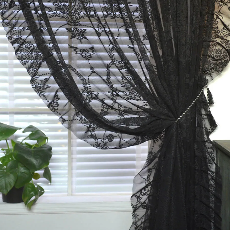 

Black Lace Floral with Bead Tulle Curtains for Bedroom Ruffle Lace Side Voile Curtain for Living Room Romantic Mesh Window Drape
