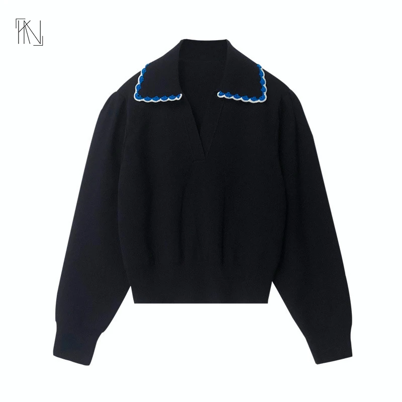 Dark Blue Fungus Edge Lapel Puff Long-sleeved Knitted Pullover 2022 Autumn New Women French Loose Sweater