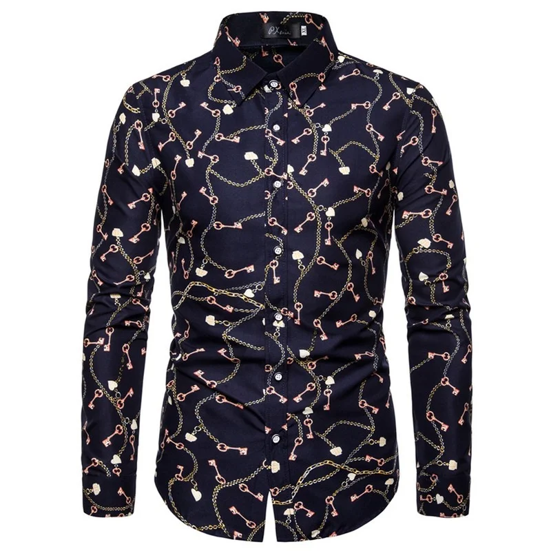 

New Fashion Spring and Autumn Men's Lapel Trend Pattern All-match Shirt Thin Casual Slim Long-sleeved Shirts Top Men Clothing