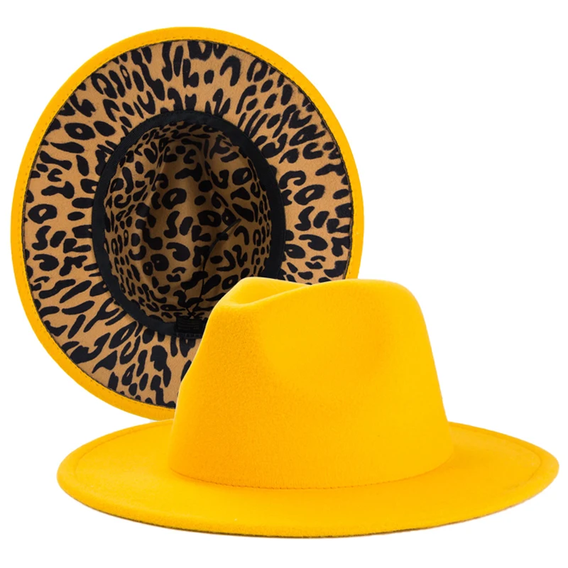 

Yellow Leopard Bottom Wool Fedora Hats Wide Brim Fascinators For Women Elegant Party Trilby Jazz Hats Panama Caps шапка женская
