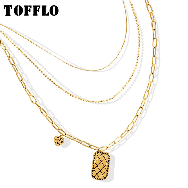 

TOFFLO Stainless Steel Jewellery Punk Style Three-Layer Square Brand Love Pendant Necklace Women's Fashion Clavicle Chain BSP194