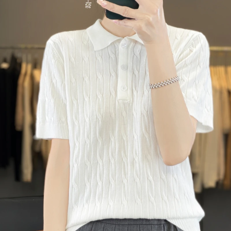 Летом новый вязаный женский свободный свитер-поло из 100% чистой шерсти с