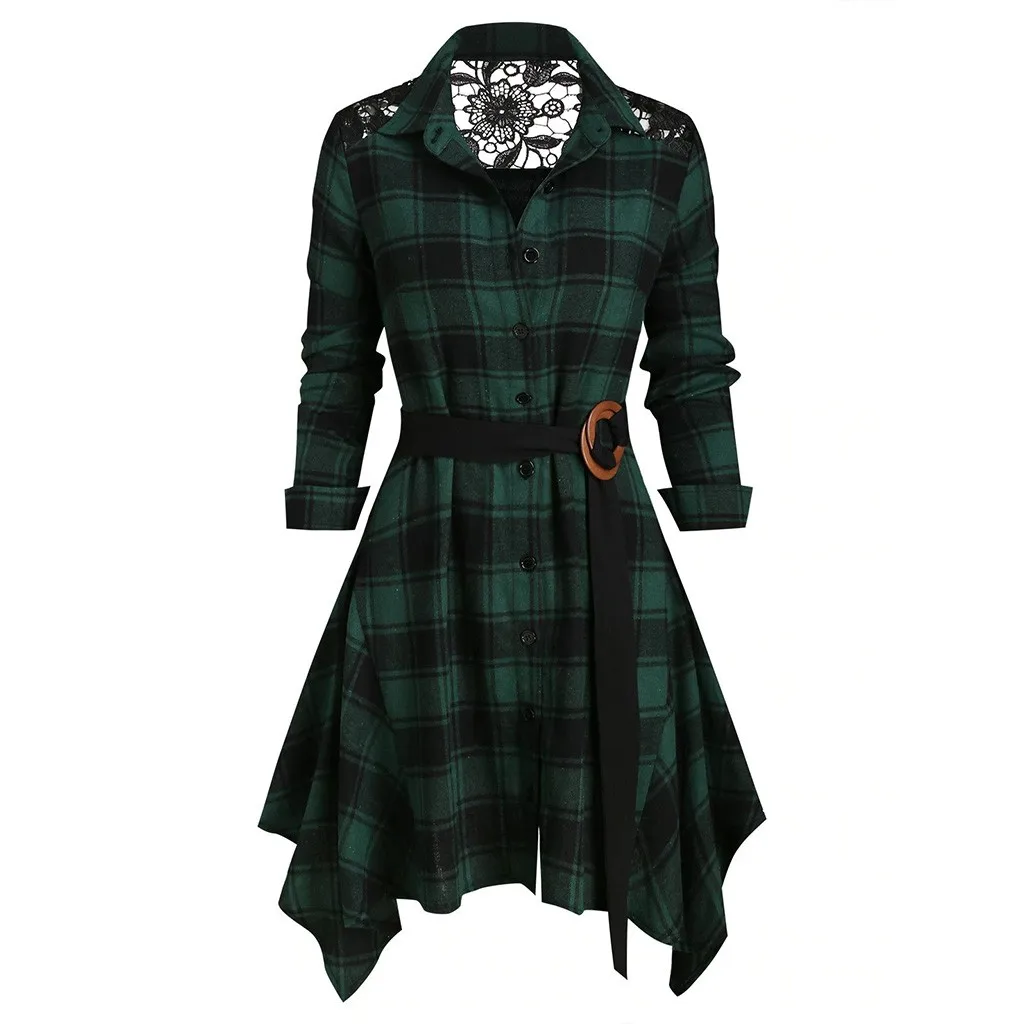 

Wome Fashion Loose Long Sleeve Plaid Print Lace Splice Coat Tops T-shirt