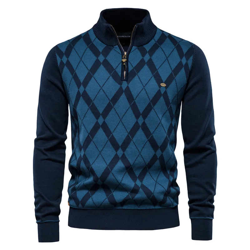 

Brand Argyle Pullovers Sweater Men Casual Zipper Mock Neck Cotton Sweater for Men New Winter Fashion Warm Mens Sweaters