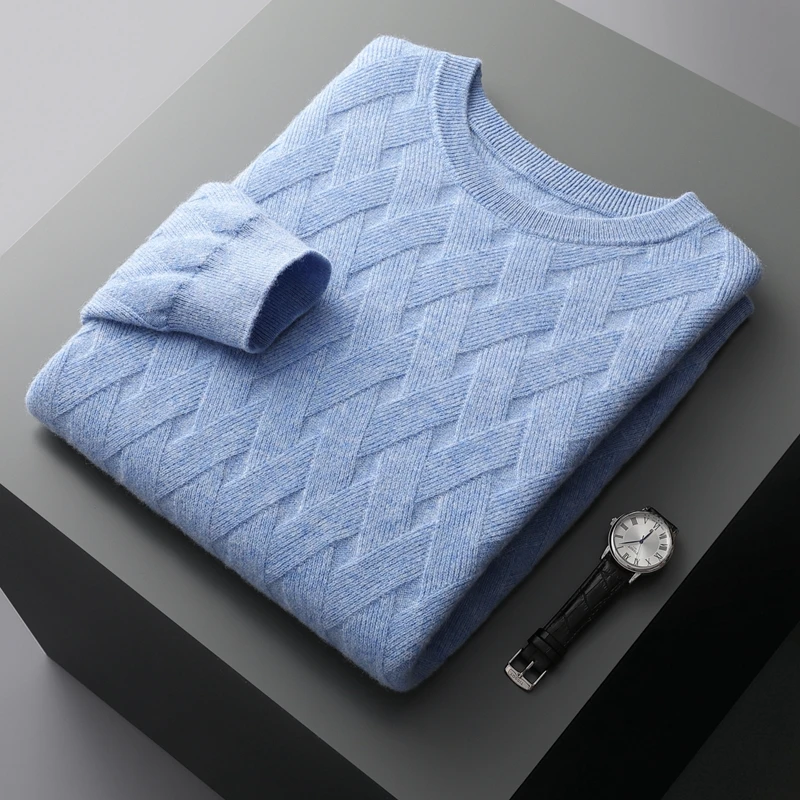 Пуловер из 100% чистой шерсти утепленный осенне-зимний мужской свитер с круглым