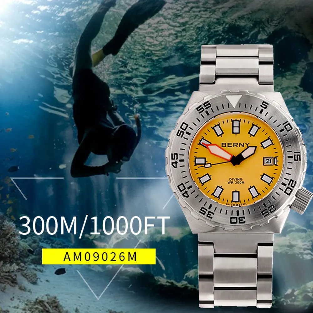 

BERNY Automatic Watch for Men Sapphire Water Ghost Sub Diver Super Luminous 30ATM Chronograph Male Clock Mechanical Wristwatch