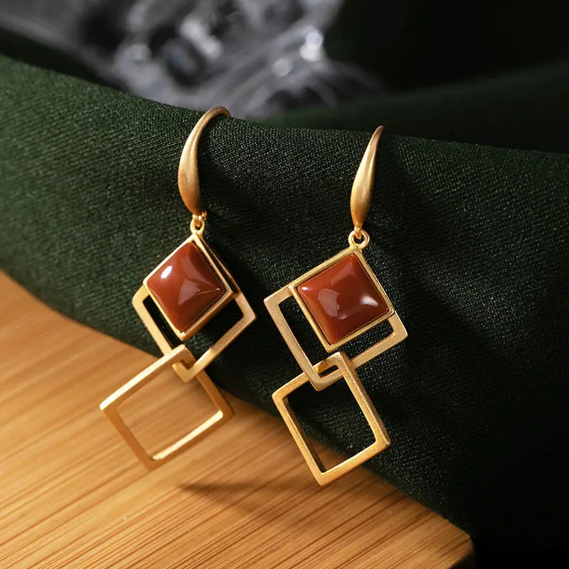 

S925 Silver Gold Plated Red Jade Earrings For Women Designer Luxury Aesthetic Vintage Ear Studs Crystal Korean Style