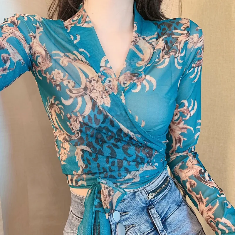 

Printed Mesh T Shirts Lady Elegant Elastic Crossed V Neck Bandage Tops Tees Female Vintage T-Shirt Spring Autumn