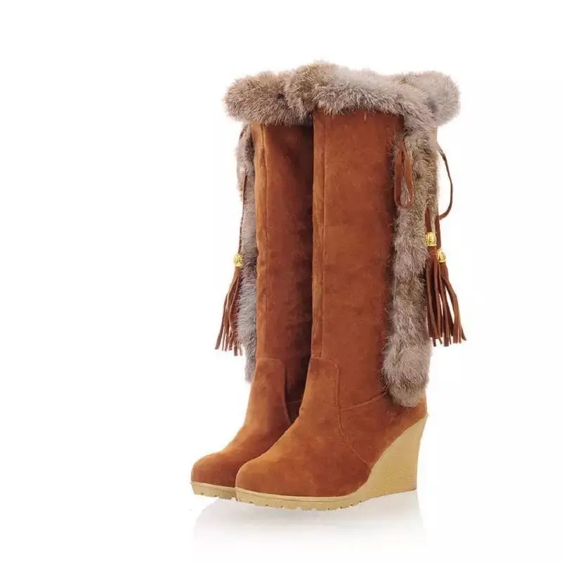 

Autumn Winter Woolen Fringe Wedge Boots Thick-heeled Women Boots Belt Buckle Large-size Knee High Long Orange Black boots