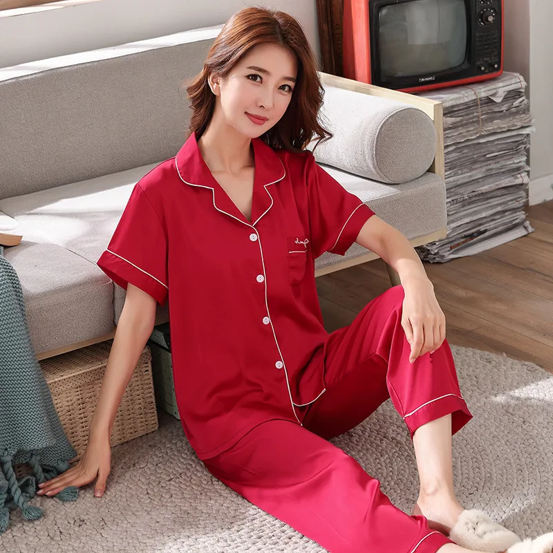 PICKBIRD 2022 New Satin Chiffon Couple Pajamas Short Sleeve Men's Pajama Set Silk Large Size Thin Section Ladies Homewear