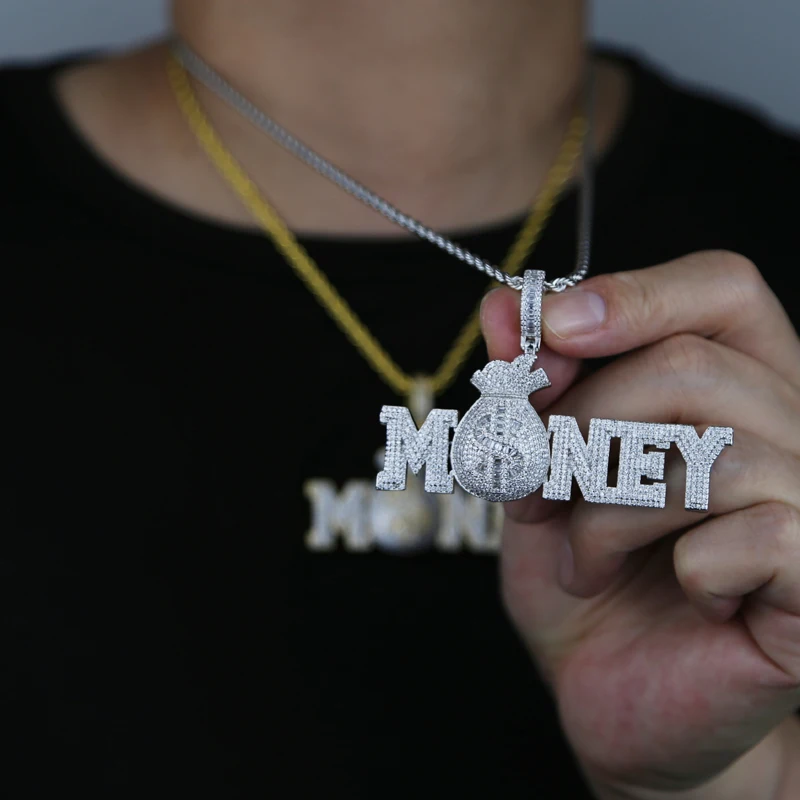 

Iced Out US Dollar Money Bag Pendant Gold Silver Color Bling Cubic Zircon Paved Men's Hip Hop Necklace Jewelry Drop Ship