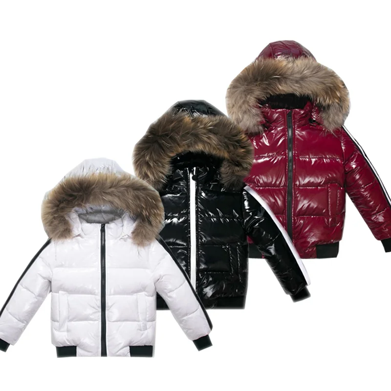 Fashion boys' and girls' down jackets children's winter clothes natural leather fur collar fabric windproof and rainproof 2-10Y