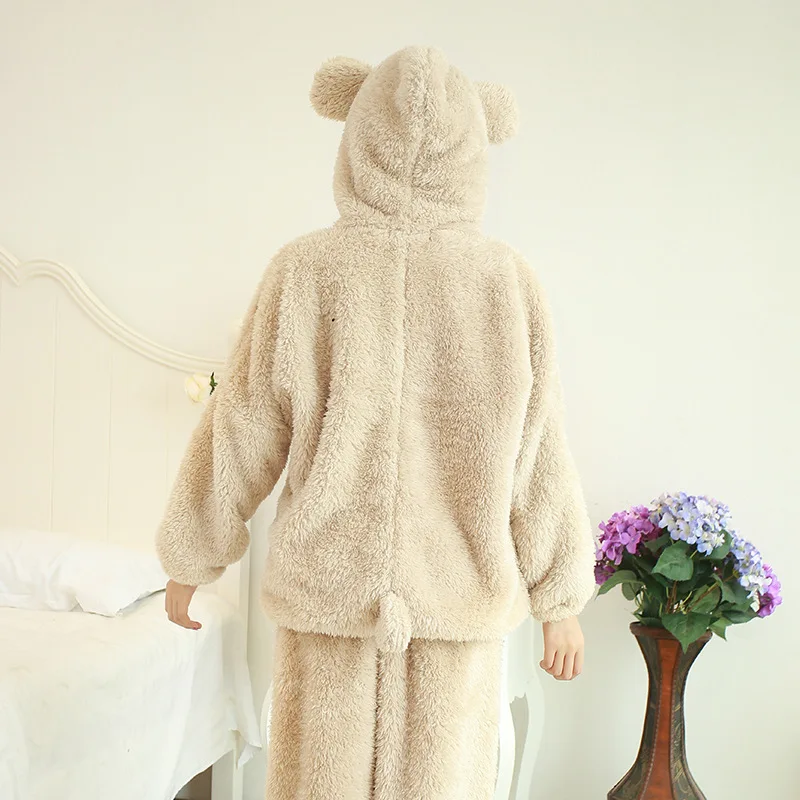 Ladies Pajama Sets Cute Style Nightgown Thicken Autumn And Winter Keep Warm Hoodie Pocket Hem Tightening Design