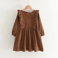 girls dress 2022 autumn new round neck fungus edge long sleeved skirt solid color corduroy dress