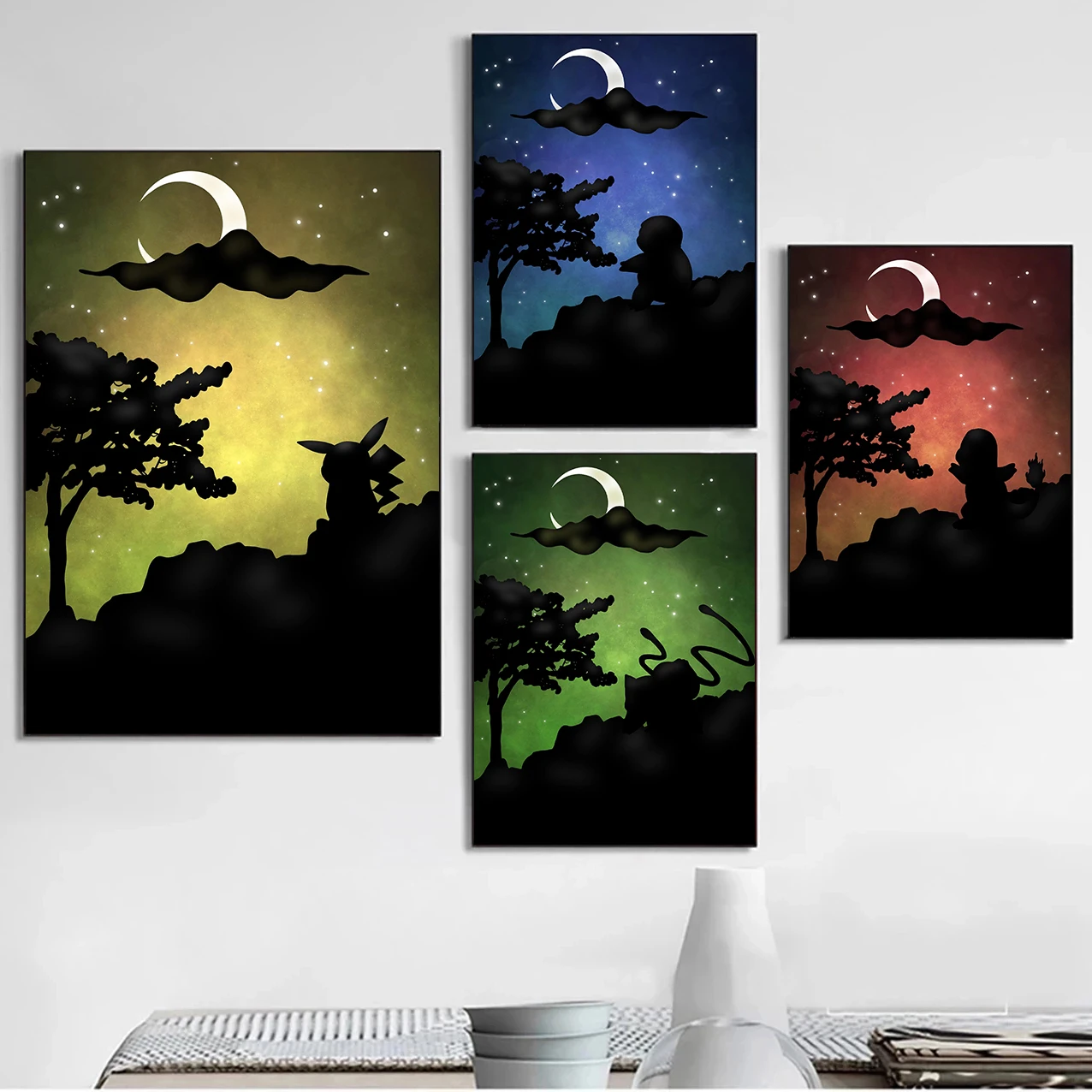 

Pokemon Silhouette Anime Poster and Print Pikachu Bulbasaur Charmander Squirtle Canvas Painting Kids Room Wall Art Decor Cudros