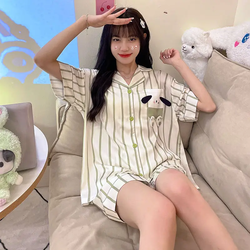 Ice silk pajamas women's summer short sleeve thin three-piece suit ins wind cartoon plus size fat mm200 kg home clothes