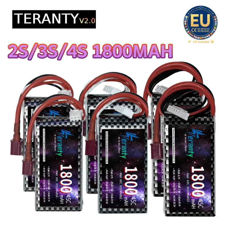 Фото 2 шт. аккумуляторов Teranty V2.0 1800 мАч для радиоуправляемых моделей, литиевые батареи 7.4В, 11.1В, 14.8В для радиоуправляемых вертолетов, автомобилей, экскаваторов, лодок и игрушек. №1