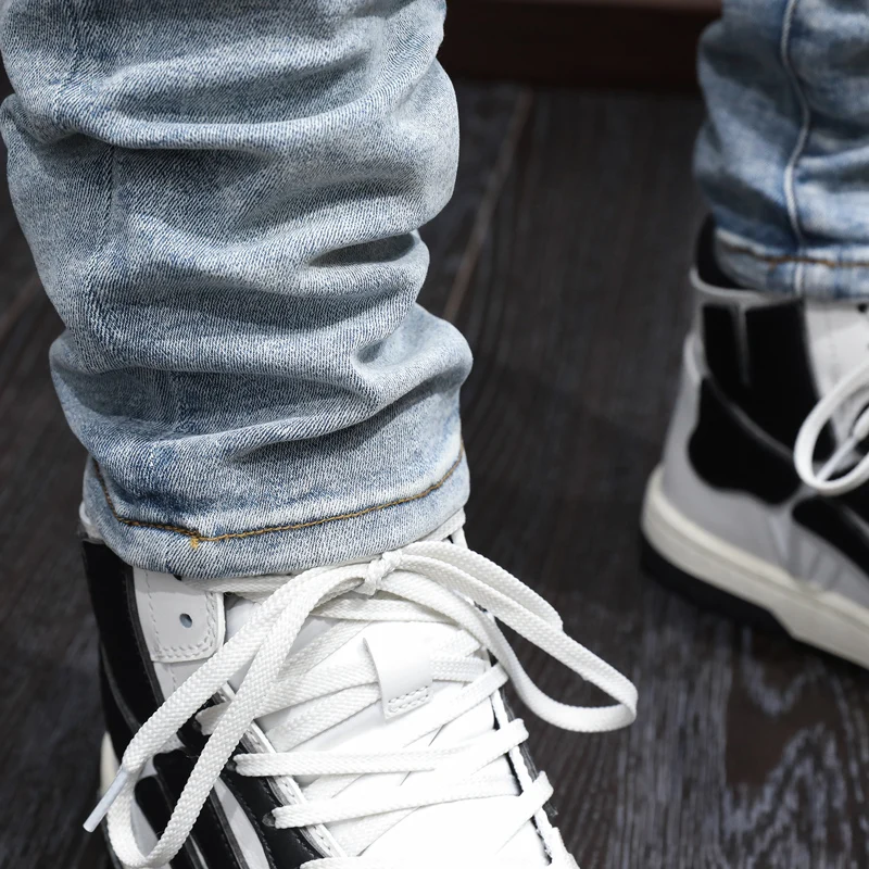 Street Fashion Men Jeans High Quality Retro Light Blue Elastic Stretch Skinny Fit Ripped Jeans Men Hip Hop Brand Designer Pants