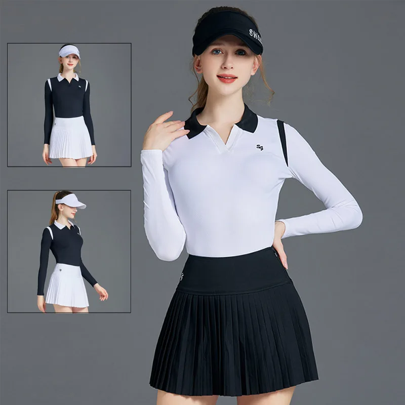 Shirt Summer V-neck Sports Tops Lady Korean A-line Golf Skorts High Waist Pleated Skirts Set