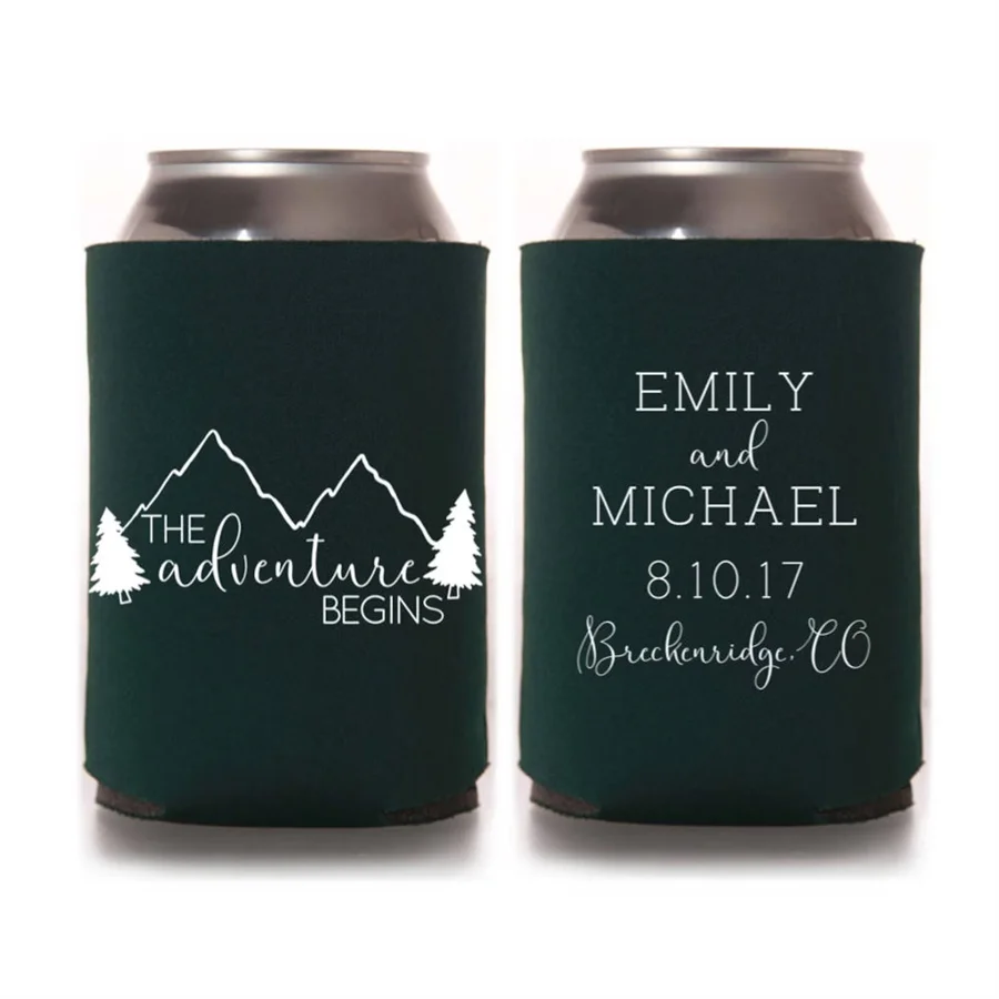 Fall Wedding Favors - Rustic Mountain Wedding Personalized The Adventure Begins Can Coolers, Destination Favors for Guests