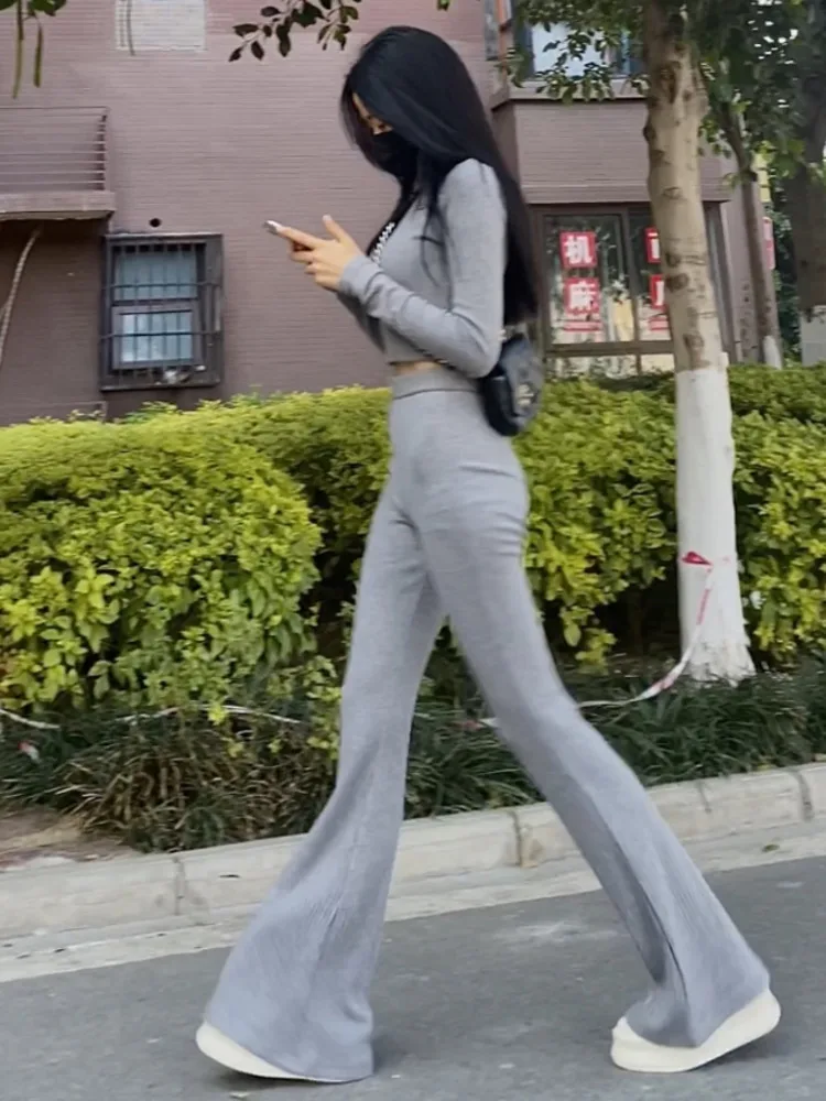 

Sweet Fashion Suit Women Korean Solid Round Neck Sweater Short Top+high Waist Slim Bell Bottoms Casual Two-piece Set R50O