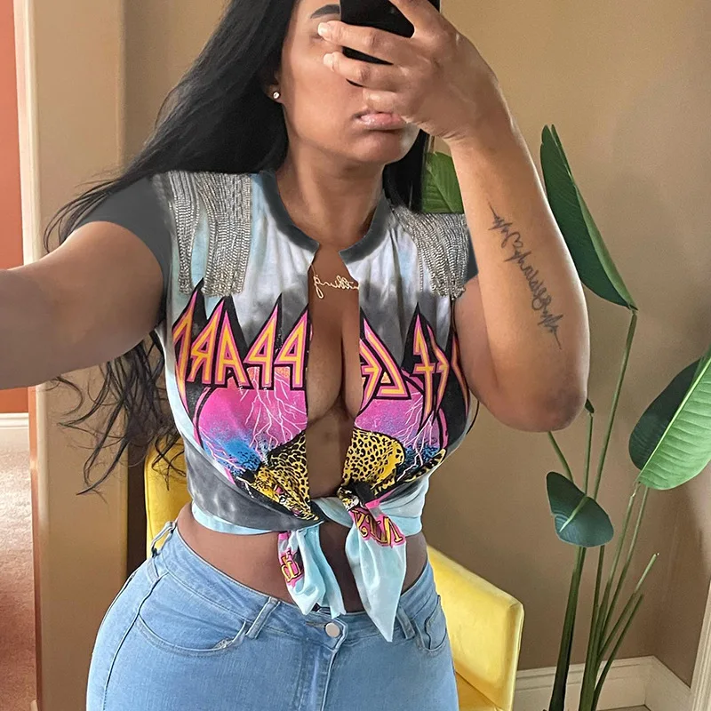 Женская футболка с принтом и низким вырезом модный кардиган в стиле панк Ttassel