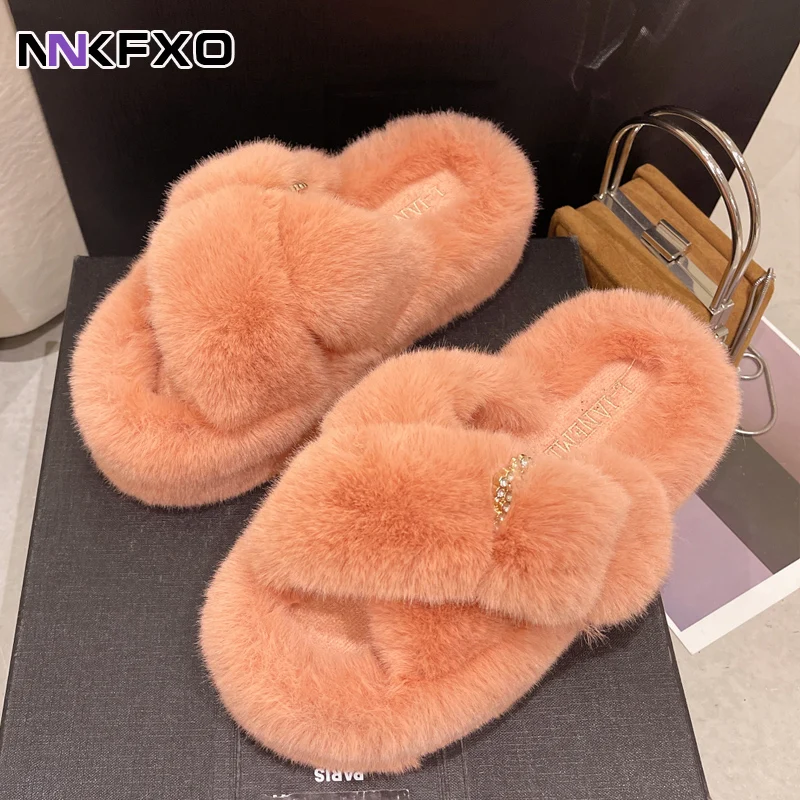 

Women Fur Slippers Platform Indoor Non Slip Rubber Sole Slides Buckle Decoration Fashion Girl Shoes Ladies Ytmtloy Flock Zapato