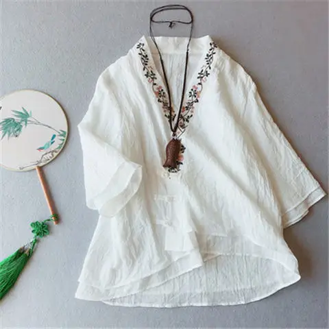Блузка женская из хлопка и льна с вышивкой в китайском стиле |
