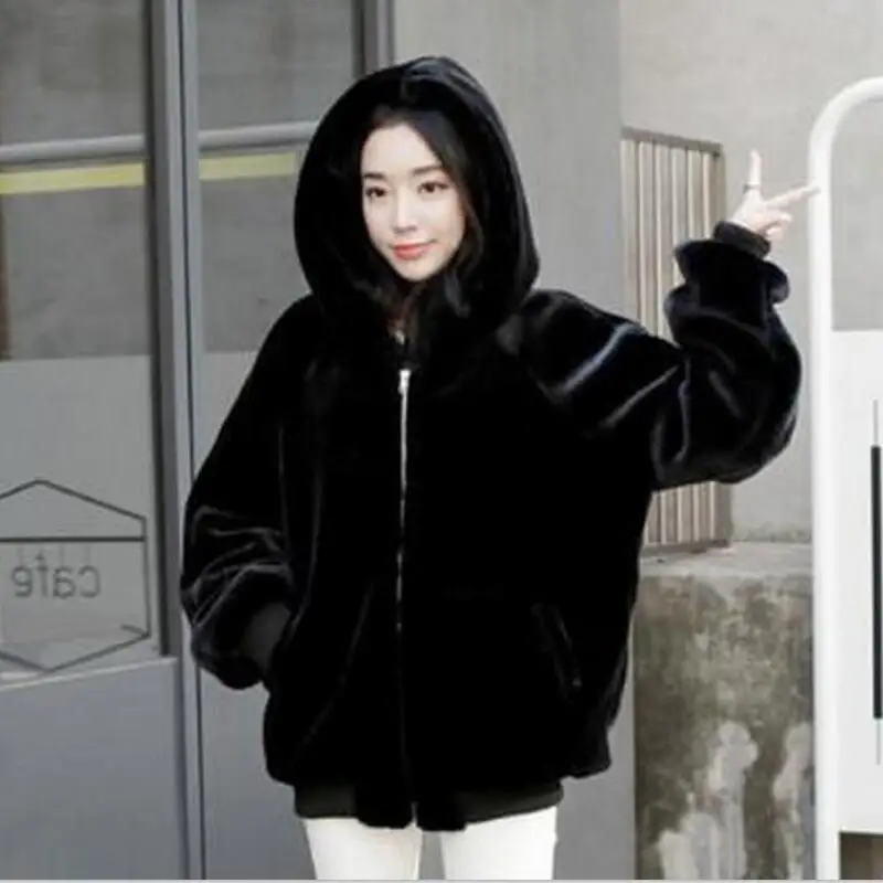 Women Fashion Faux Mink Coats 2021 Winter Casual Hooded Zipper Black Warm Jackets Plus Size Thick Faux Fur Overcoats Luxurious
