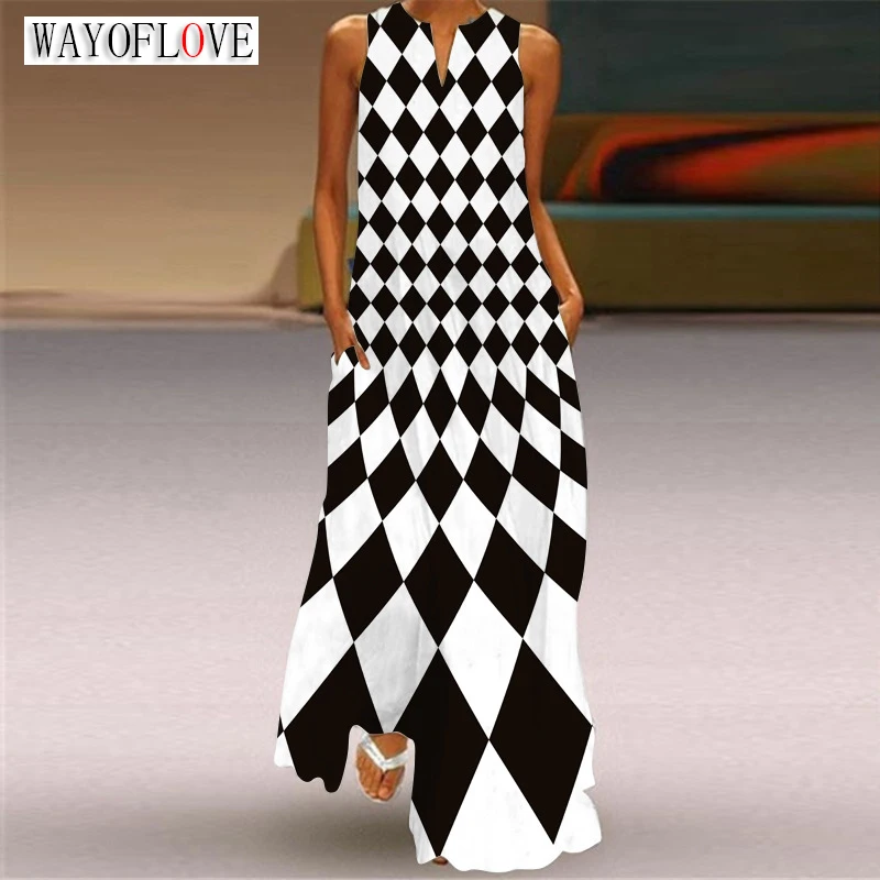 

WAYOFLOVE Casual Long Dress Woman Party Beach Sleeveless Vintage Summer Dresses Women Plaids Print Loose Elegant Dress For Women