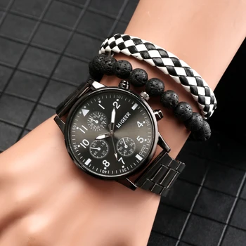 2022 New Men Business Watch Bracelet Set Black White Lattice Bracelets Large Dial Generous Quartz Wristwatch Exquisite Gift Box Other Image
