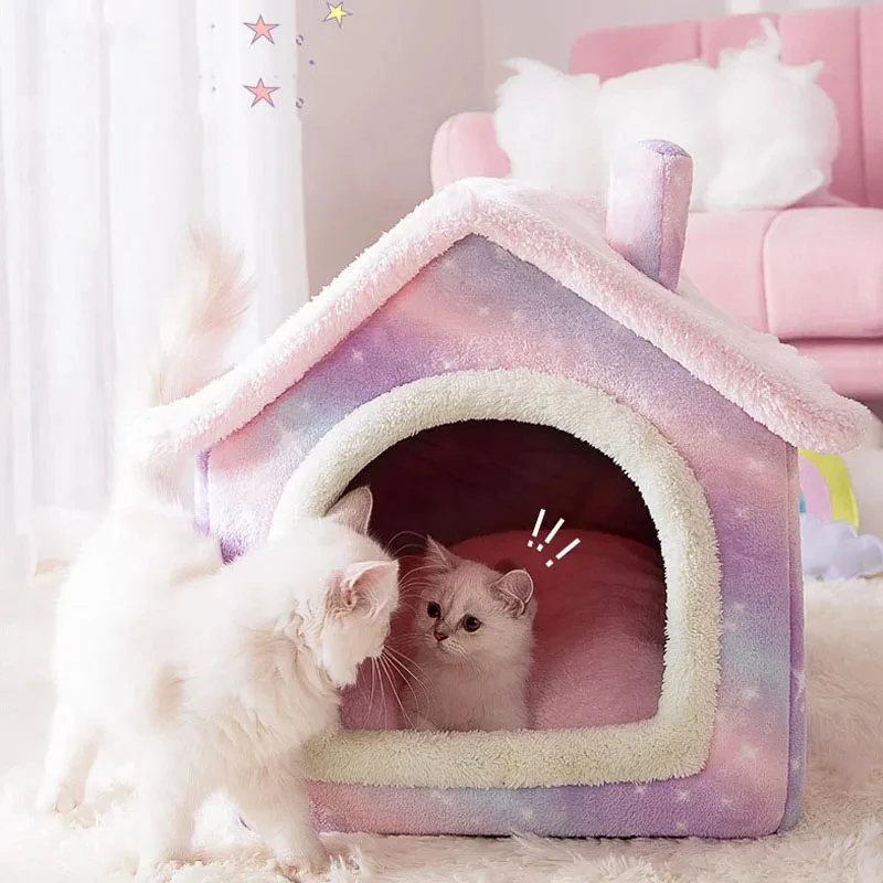 

Foldable Cat House Breathable Warm Plush Pet Bed House Removable Cushion Enclosed Pet Tent Kennel for Small Dogs Cats Deep Sleep