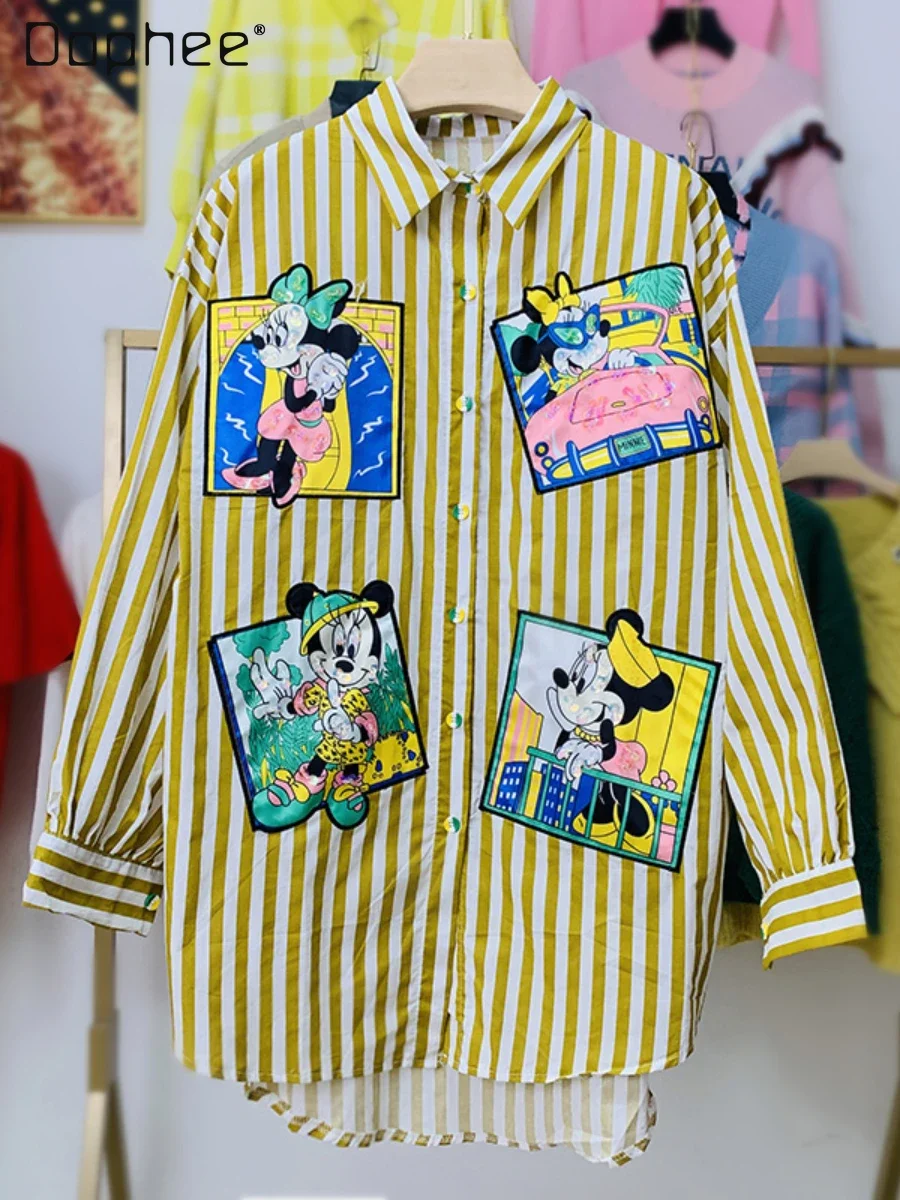 

Mid-Length Striped Shirt for Women Summer New Korean Cartoon Printed All-Matching Fashion Polo Collar Long Sleeve White Blouse