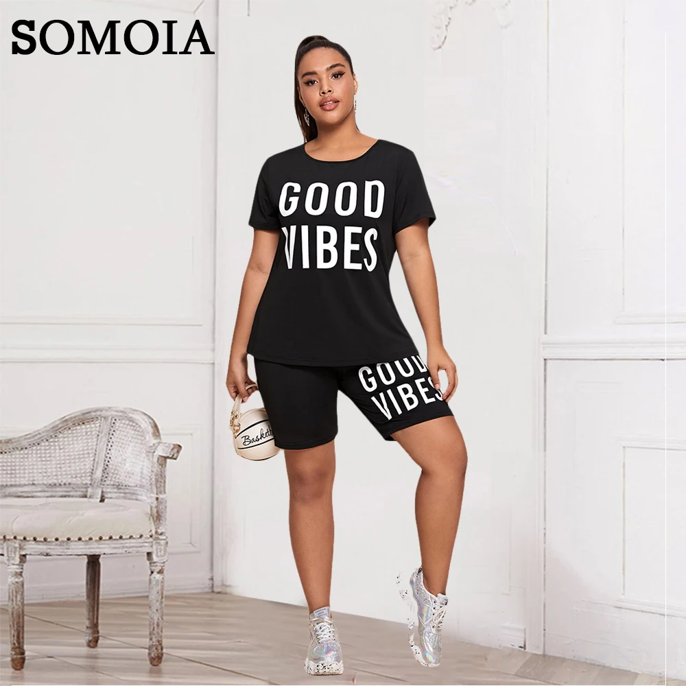

L-4XL SOMOIA Two Piece Plus Size Women Clothing Casual Fashion Letter Print Crew Neck Black Sports Set Wholesale Dropshipping