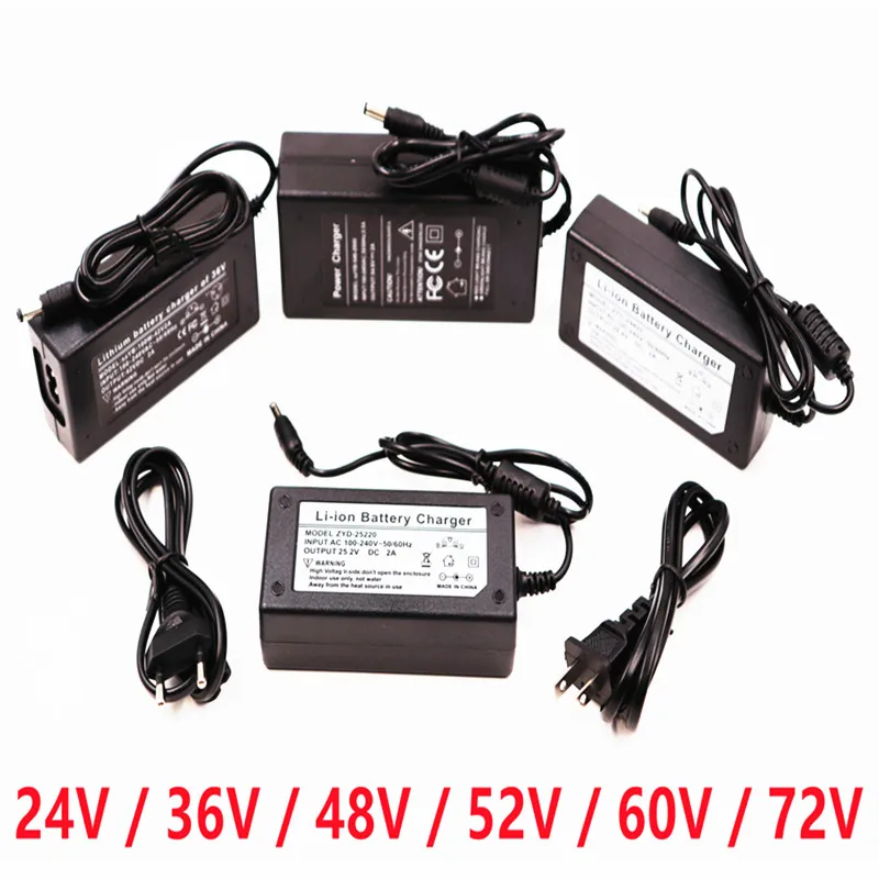 

24V 36V 48V 52V 60V 72V Rechargeable Lithium ion Battery pack Charger 100~240V AC, used for Electric bicycle lithium Batteries