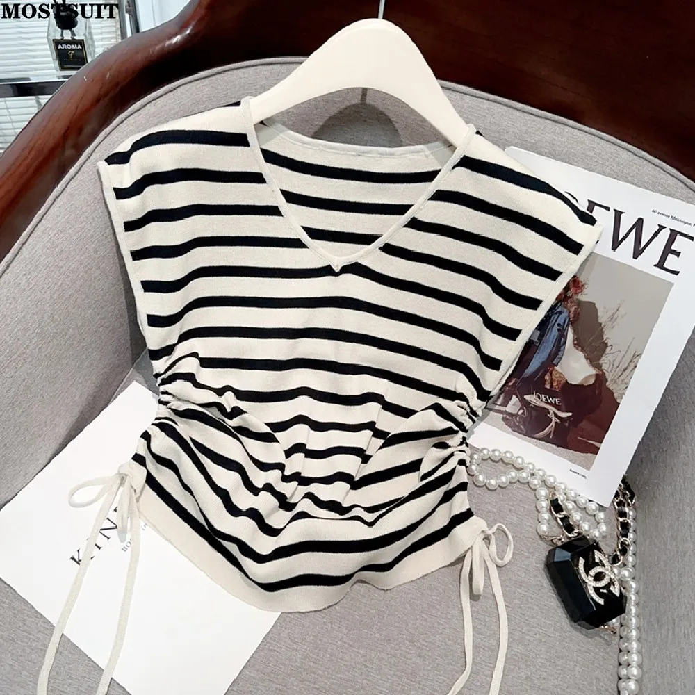 

Drawstring V-neck Knitted Sweater Tops Women 2023 Summer Ice Silk Stylish Fashion Solid Korean Ladies Knitwear Pullover Tshirt