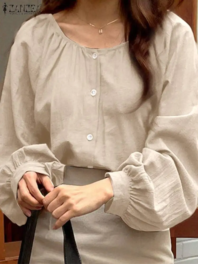 

Рубашка ZANZEA женская с длинными рукавами-фонариками, модная блузка из хлопка и льна в Корейском стиле, Повседневная Блузка на пуговицах с кру...