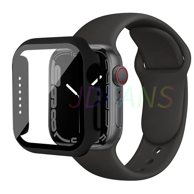 

Glass+Case+Strap For Apple Watch band 45mm 41mm 44mm 40mmm 38mm 42mm Silicone bracelet iWatch series 4 5 6se 7 Screen Protectors