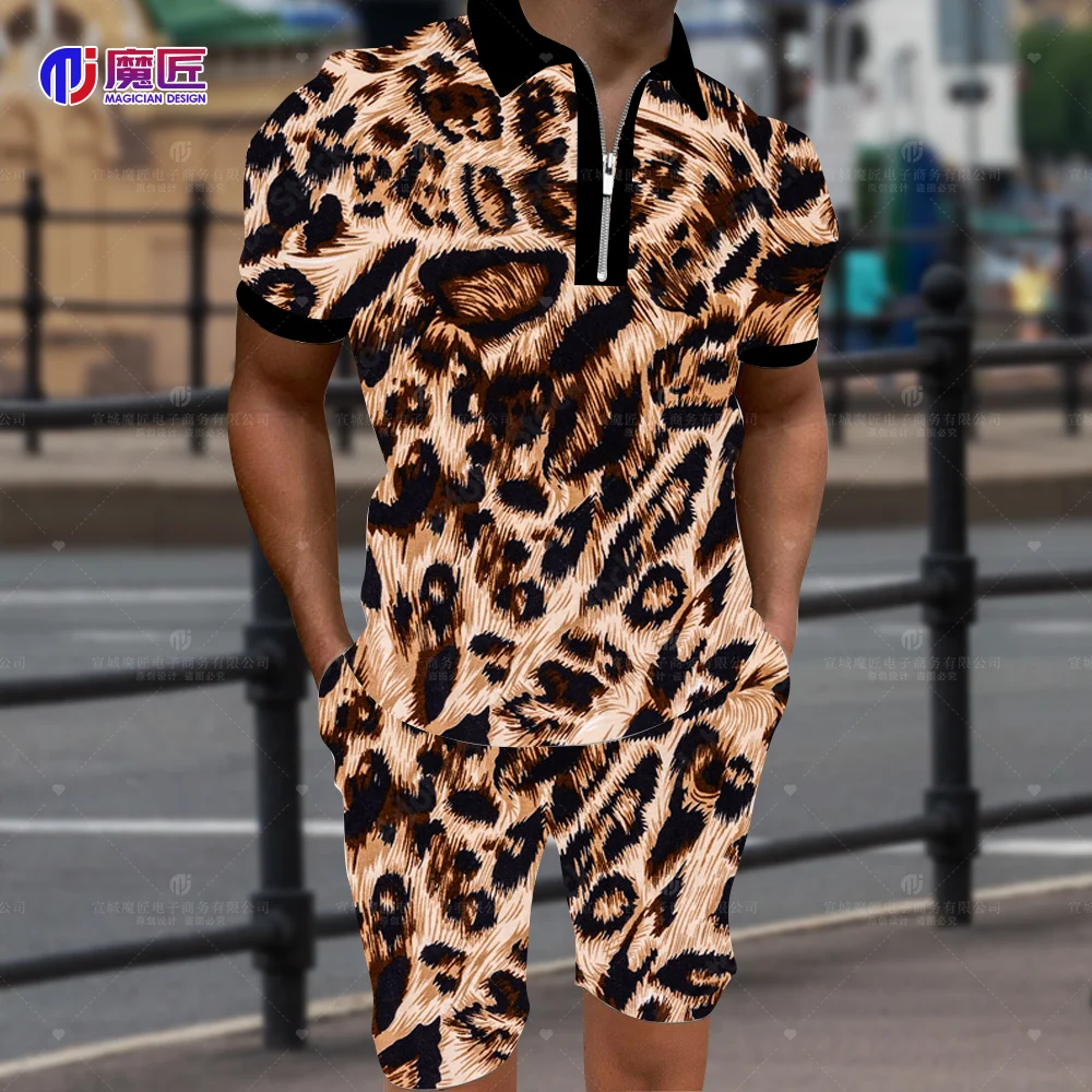 

2023 Summer Men's Leopard Print Colorful 3D Zipper Lapel Shirt Short Sleeve + Shorts Suit Men's Sports Hip-Hop Suit 2 Pieces