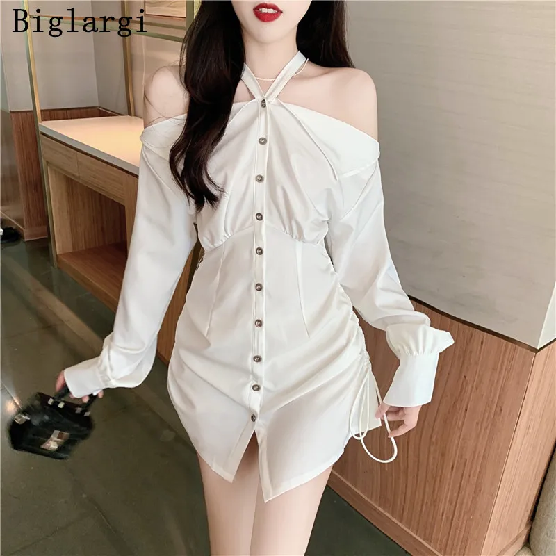 

Summer Sexy Mini Neck-mounted Shirt Dress Women Elegant Vintage Ladies Dresses Long Sleeve Leaking Shoulder Woman Dress 2022
