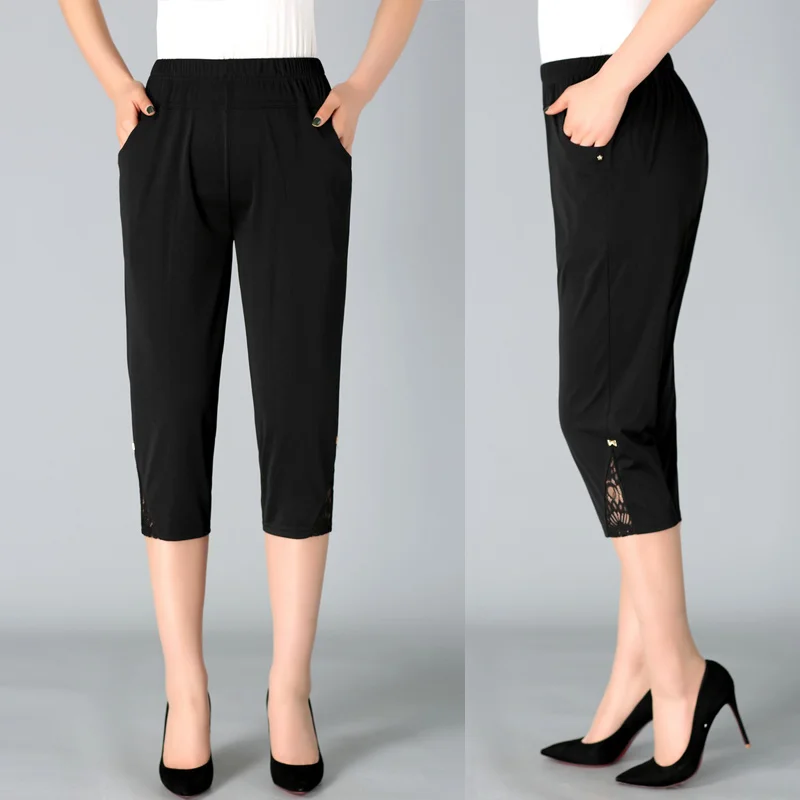 2022 Women's Capris Pants For Women Loose Casual Elastic High Waist Pencil Calf Length Pant Summer Breeches Black White