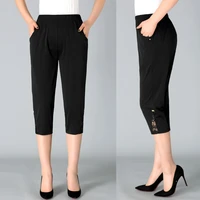 2022 womens capris pants for women loose casual elastic high waist pencil calf length pant summer breeches black white