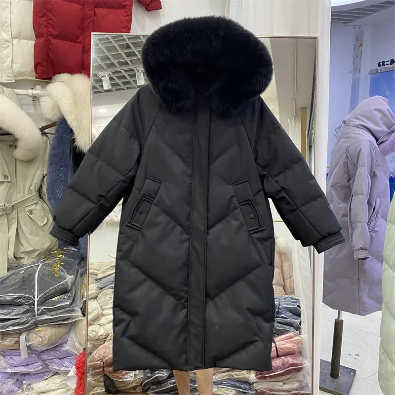 New Women Fox Fur Collar Down Jacket Casual Style Autumn Winter Long Coats And Parkas Female Outwear