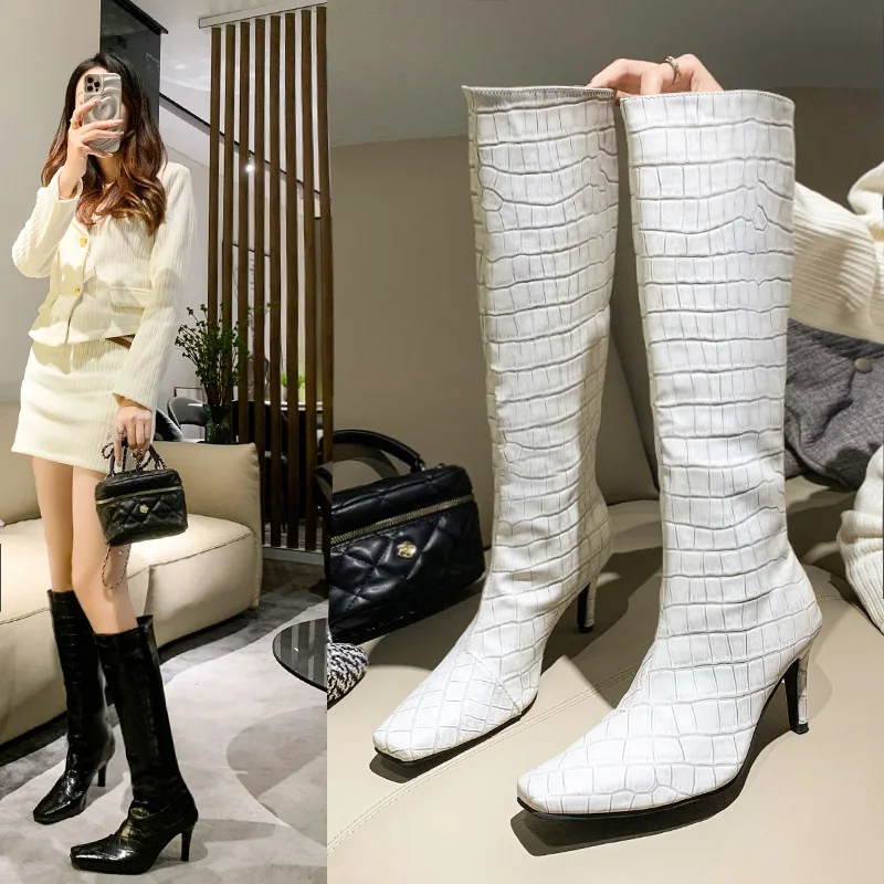 

Новые квадратные высокие сапоги 2023 осень/зима женские сапоги В рыцарском стиле привлекательные узкие сапоги из кожи аллигатора с принтом
