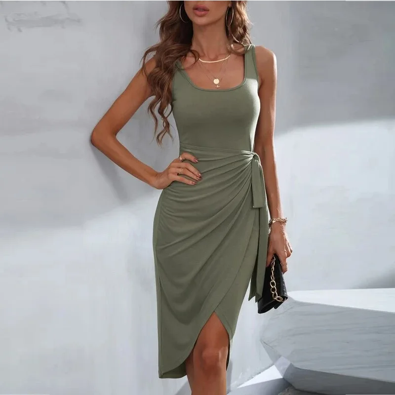 

Женское модное платье без рукавов с круглым вырезом и оборками, однотонная женская сексуальная летняя одежда
