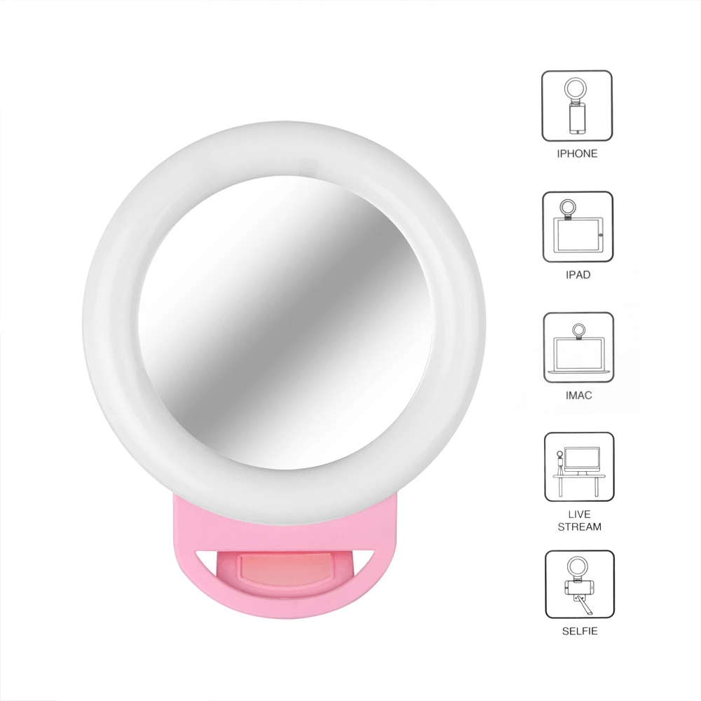 

Mini Clip-on Selfie LED Ring Light With Makeup Mirror For Phone Supplementary Lighting Selfie Enhancing Fill Light USB Charge
