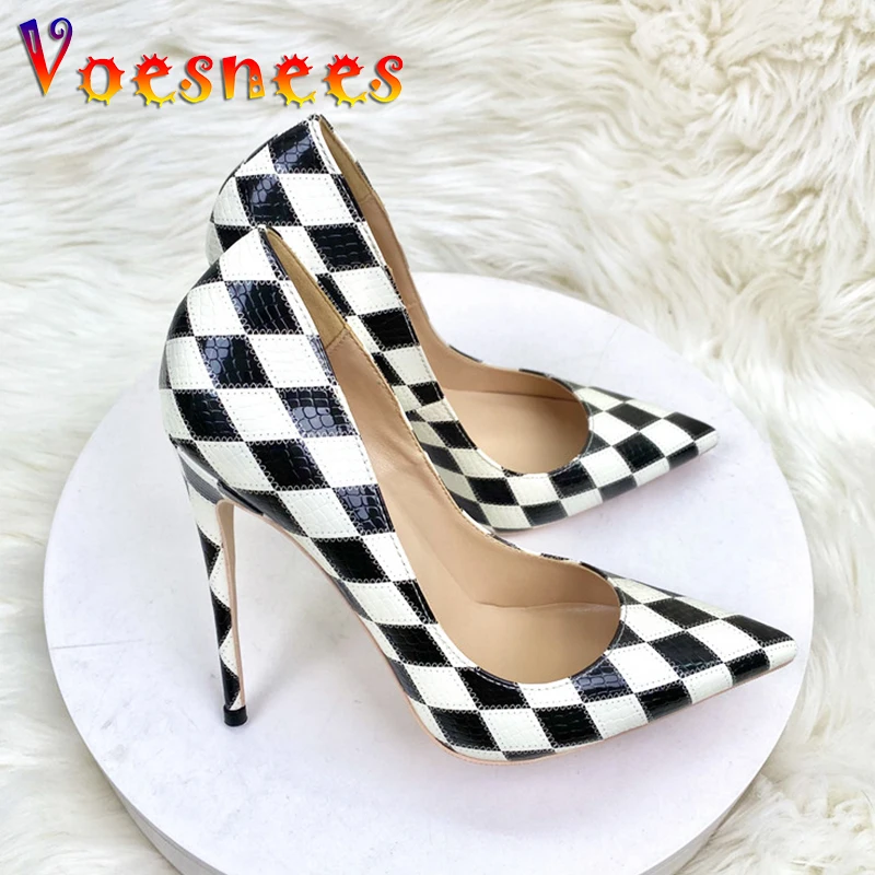

Voesnees Everyday Casual Single Shoes Women's Rhombus Pattern Color Matching High Heels Office Fashion Design Girls Pumps 12CM