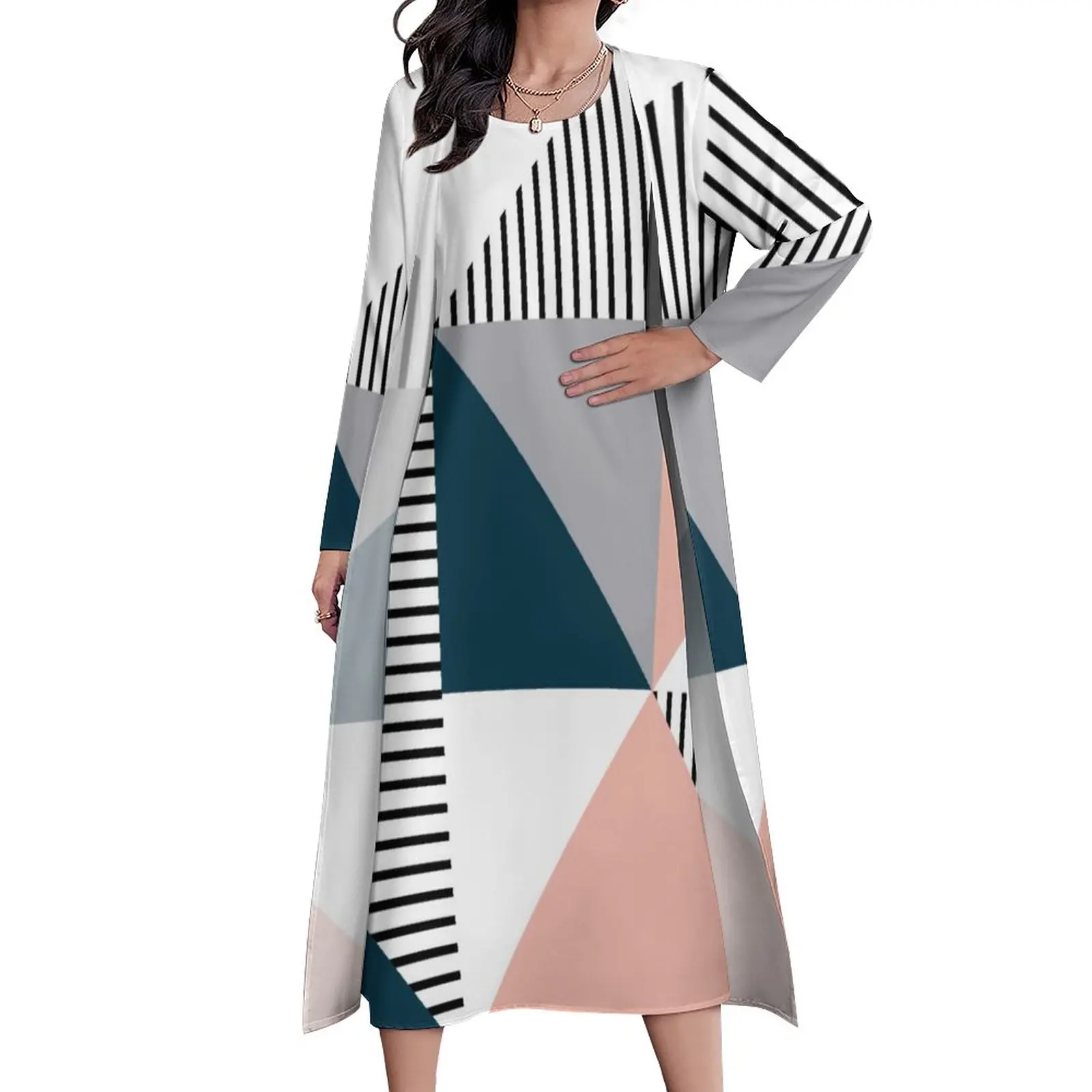 

Платье-макси в скандинавском стиле, длинное пляжное платье в стиле бохо, с абстрактным красочным геометрическим принтом, из двух частей, индивидуальный пошив, большие размеры