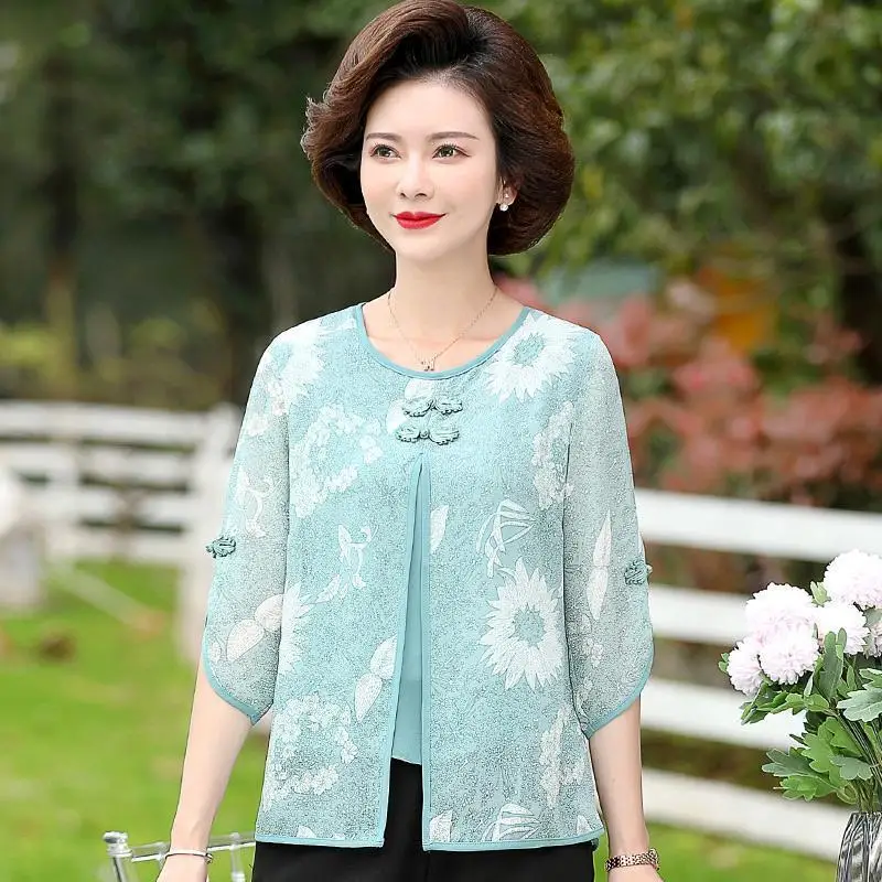Spring Summer Elegant Temperament Fashion Blouse Ladies 3/4 Sleeve Casual Loose Solid Embroidery Chiffon Shirt Women Clothing