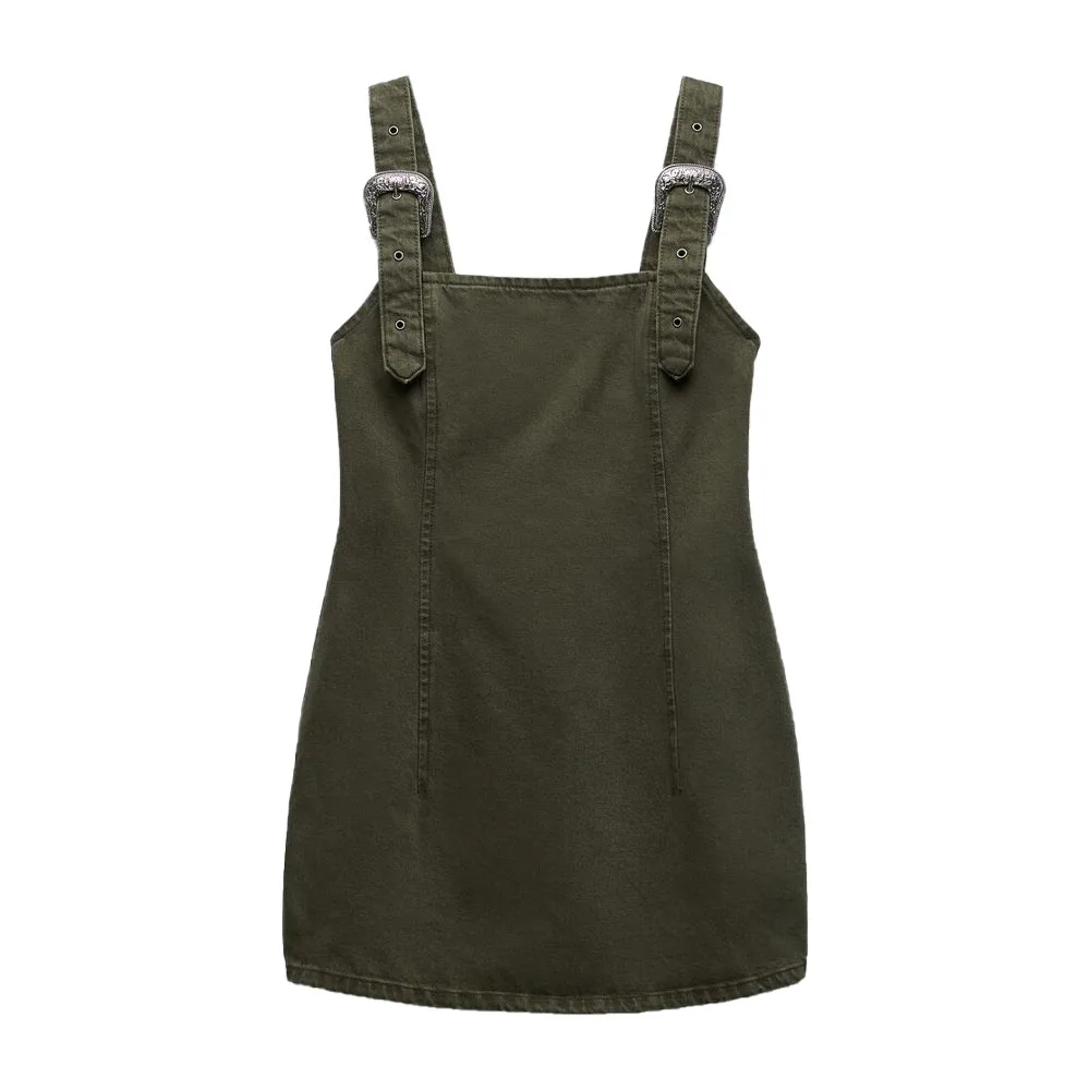 

Autumn New Fashion Women's Sweet Age-reducing Leisure Joker Straight Neck Adjustable Braces Denim Short Dress